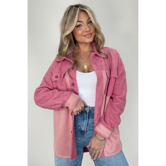Azura Exchange  Pink Colorblock Buttoned Flap Pocket Sherpa Shacket - Picture 6 of 8